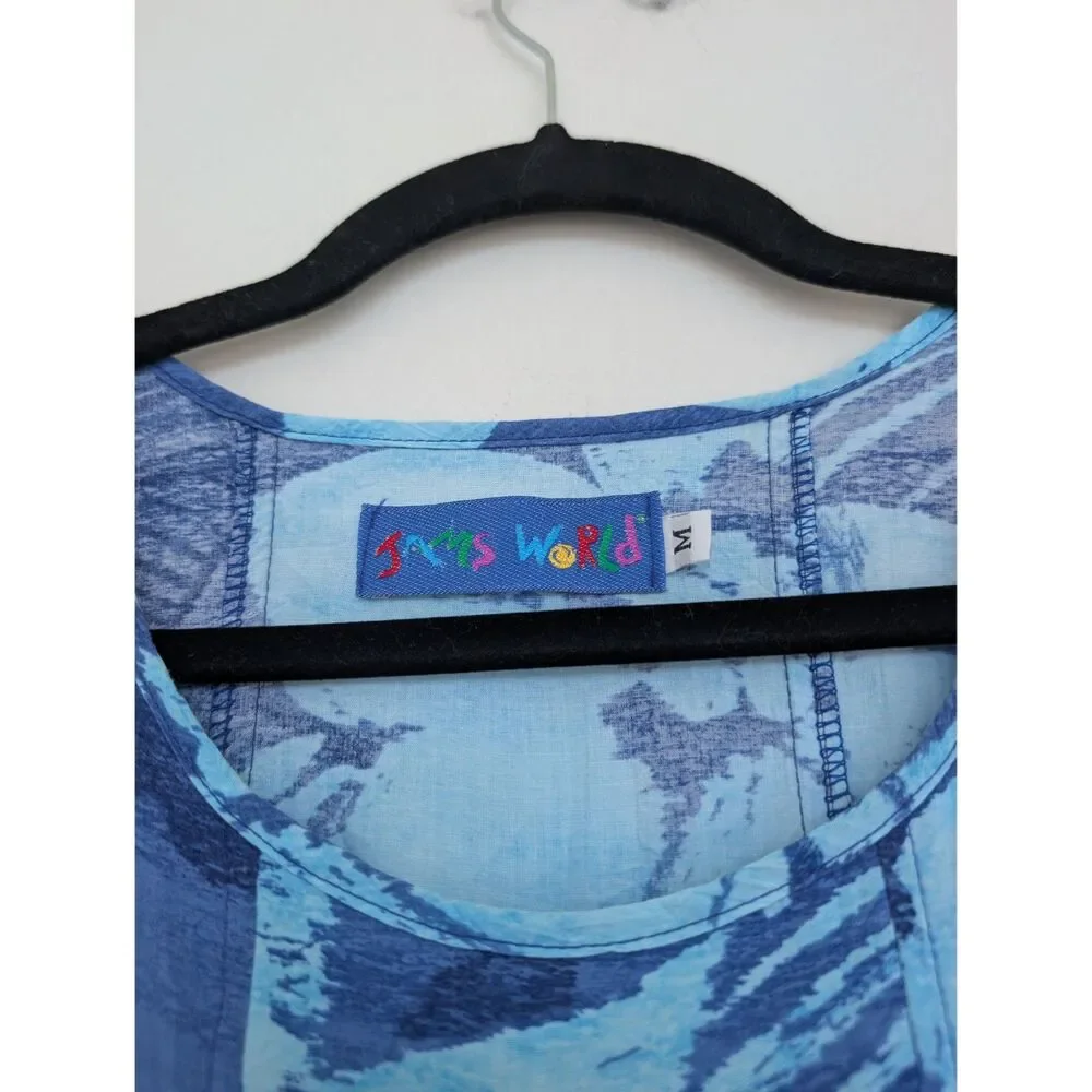 Jams World Blue Tropical Floral Print Sleeveless Babydoll Tie Dress Sz M